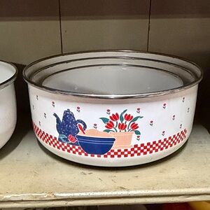 Betty Crocker Enamel Bowl with Floral and Checkered Design